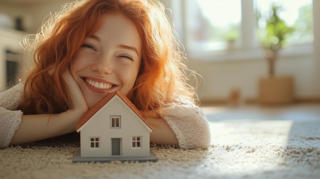 Photo young woman with vibrant red hair smiles joyfully beside a miniature house in a sunlit living room on a cozy afternoon