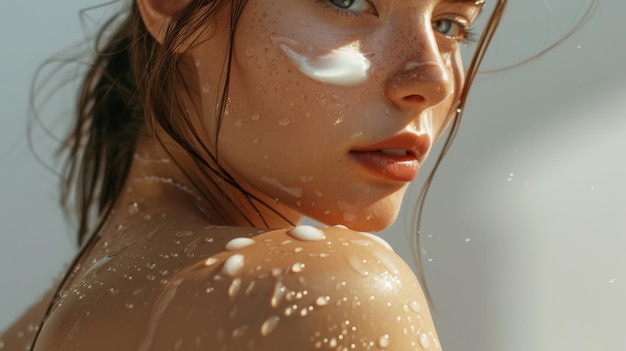 Young Woman with Water Droplets and Sunscreen on Face