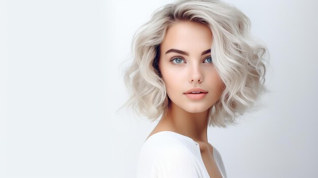 Photo young woman with wavy blonde hair poses against a light background