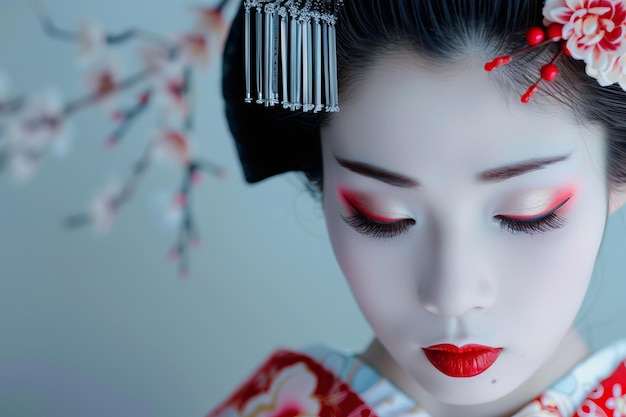 Young woman with white makeup and red kimono posing near cherry blossom branch