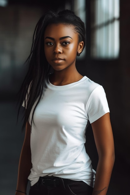 A young woman with a white shirt that says'black girl '