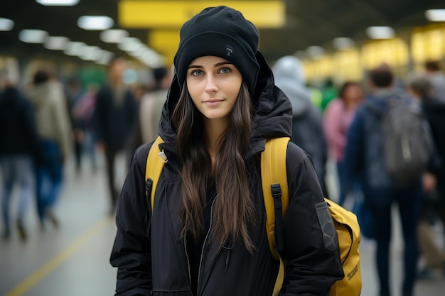 Young woman with yellow backpack in sports clothes in airport