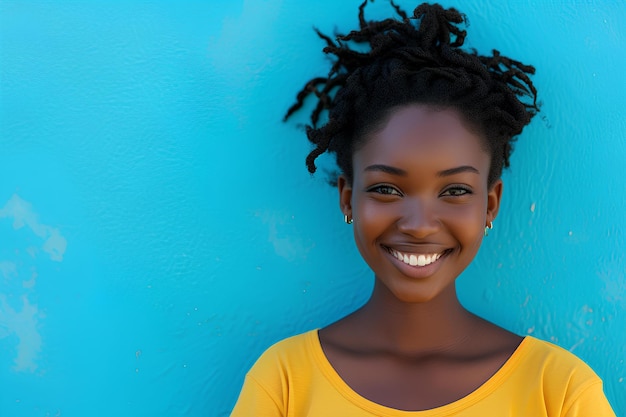 A young woman with a yellow shirt and a blue background