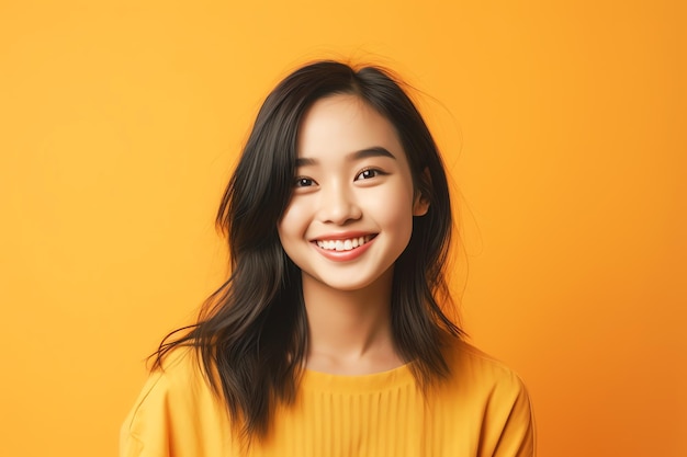 A young woman with a yellow sweater smiles in front of a yellow background