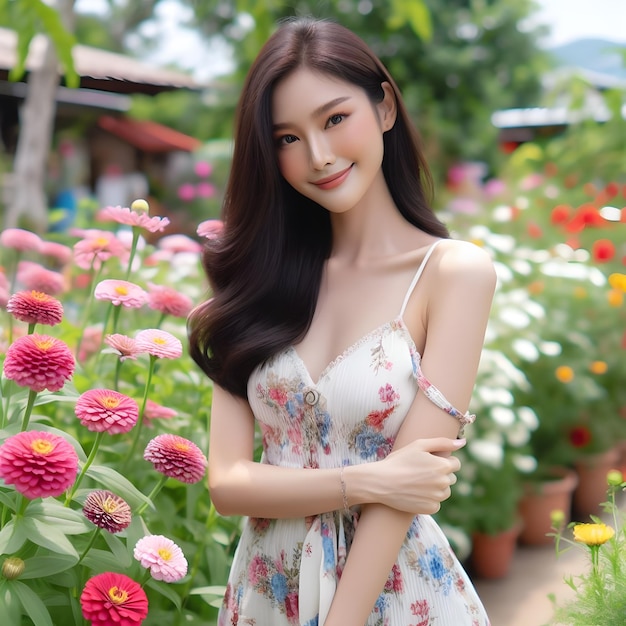 Young woman in wonderful dress posing flowers garden Fashion photo nice hair with smile