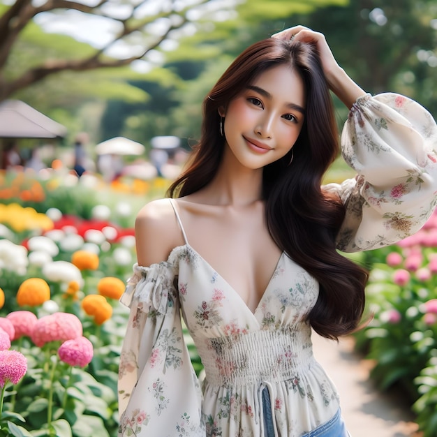 Young woman in wonderful dress posing flowers garden Fashion photo nice hair with smile