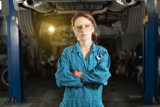 A young woman in work clothes an apprentice stands next to the car and is proud and happy in the garage holding a wrench in his hands