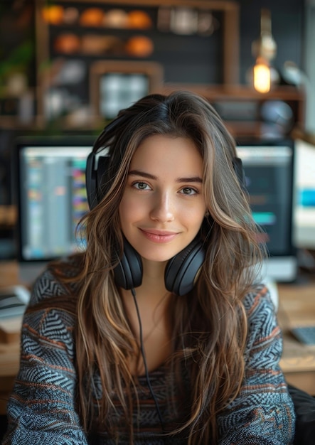 young woman working as a telephone operator in a company sweet and smiling