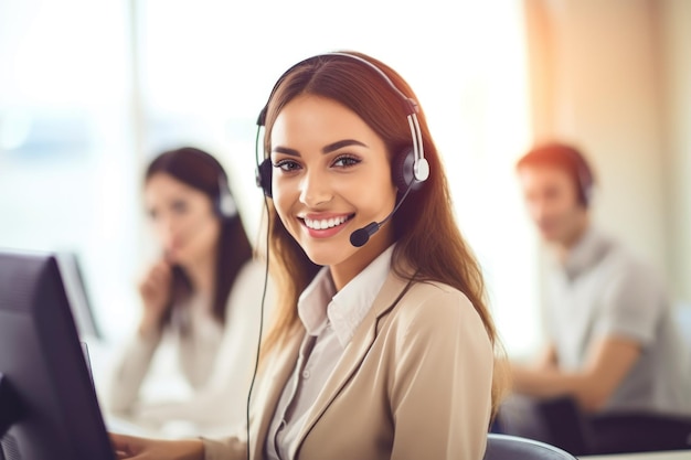 Young woman working in a call center and wearing a headset