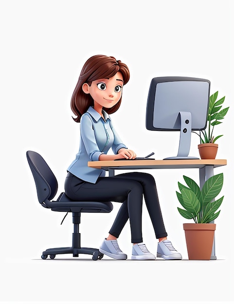 Young woman working at the computer vector illustration in flat style