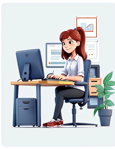 Young woman working at the computer vector illustration in flat style