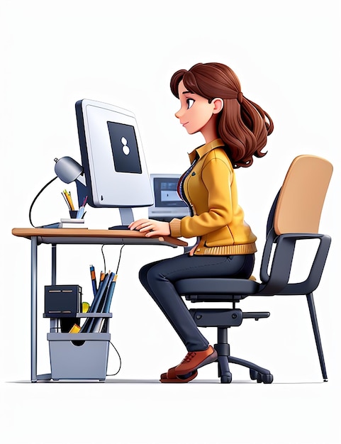 Young woman working at the computer vector illustration in flat style