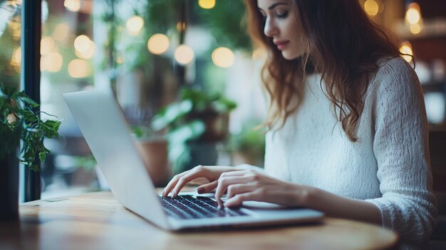 Photo a young woman working on a laptop at a cozy cafe with warm lighting and greenery in the evening