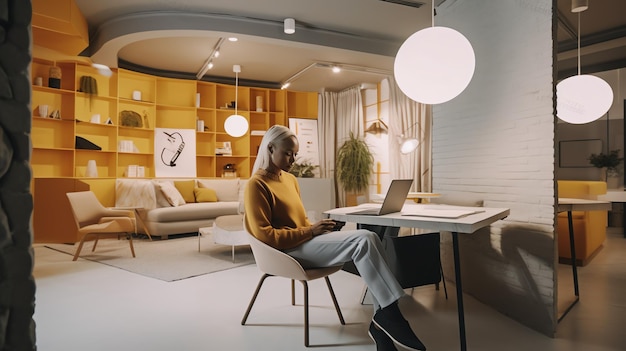 Young Woman Working on Laptop in Modern Office with Stylish Decor