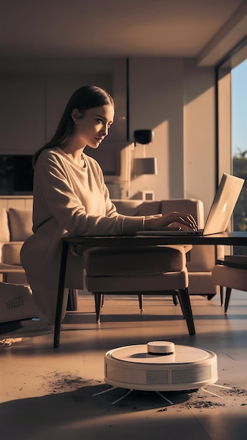 Photo young woman working on laptop with robot vacuum cleaner