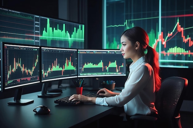 Young woman working at night modern office