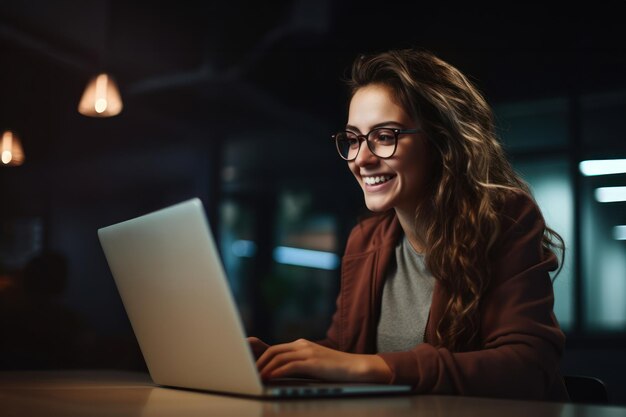 Young woman working with computer laptop on blur office background