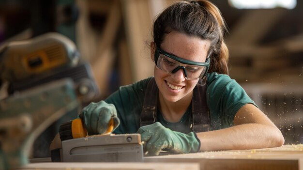 Photo young woman working with wood