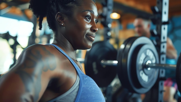 A young woman works on her bicep curls in the gym She is wearing a blue tank top and black shorts