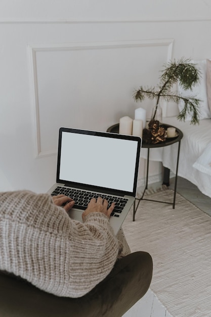 Young woman works on laptop computer with blank screen with mockup copy space Bright modern home living room interior design with fir needle branches bouquet