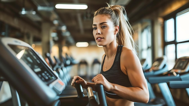 A young woman works out on the elliptical machine at the gym She is wearing a black sports bra and black leggings