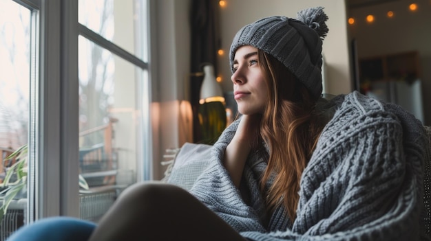 A young woman wrapped in a cozy blanket wearing a beanie gazes pensively out a window capturing a poignant moment of contemplation and warmth