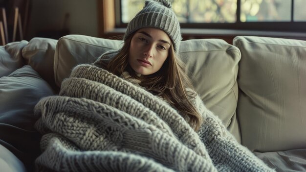 A young woman wrapped in a cozy oversized knit blanket and wearing a beanie sits on a couch near a window exuding warmth and serenity