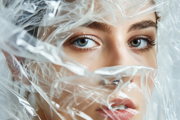 Photo young woman wrapped in polyethylene ecology concept environment and plastic pollution problem fashion model posing in a clothes made of polyethylene fabric plastic waste recycling waste sorting