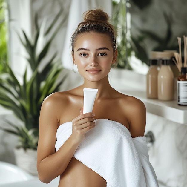 Photo young woman wrapped in white towels displaying essence cream tube for skincare product mockup