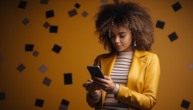 Young woman on yellow background using mobile