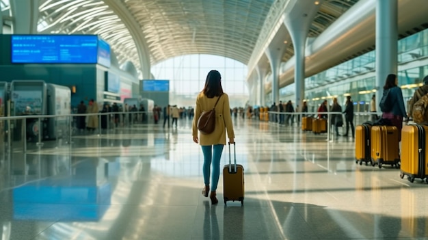 Young woman in yellow coat with a suitcase in the airport terminalgenerative ai