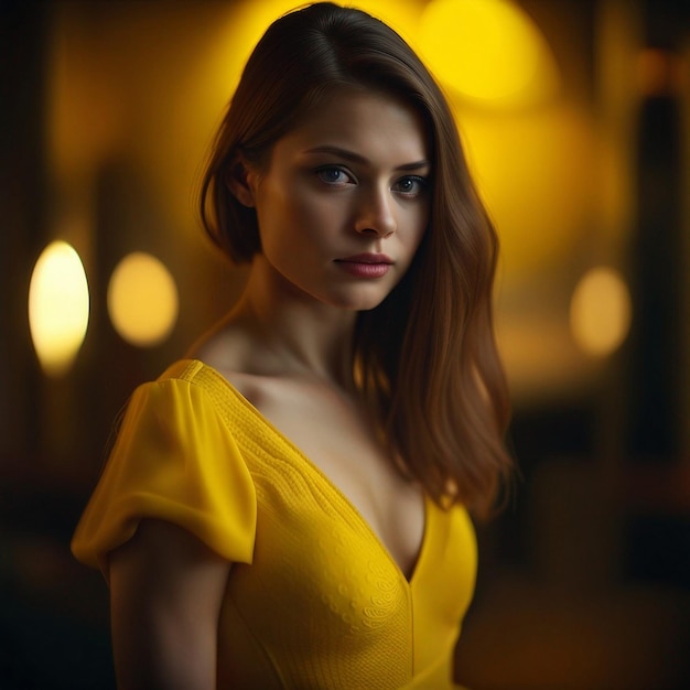 A young woman in yellow garden ware yellow dress