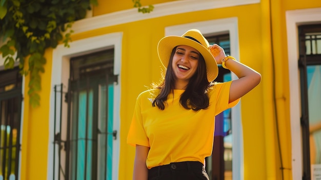 Photo young woman in yellow hat and shirt with blue skirt