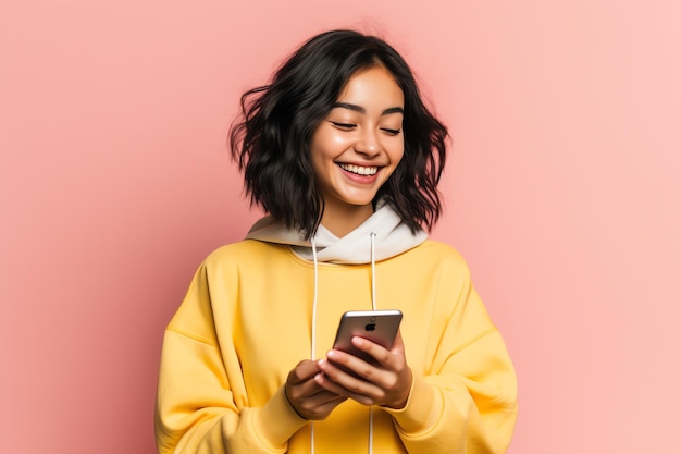 A young woman in a yellow hoodie is using a phone and she is using a smartphone.