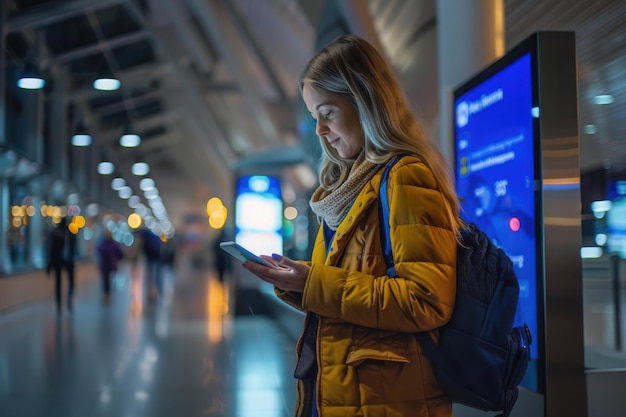 Photo a young woman in a yellow jacket interacts with a mobile app while waiting in a lively airport terminal illuminated by soft lights