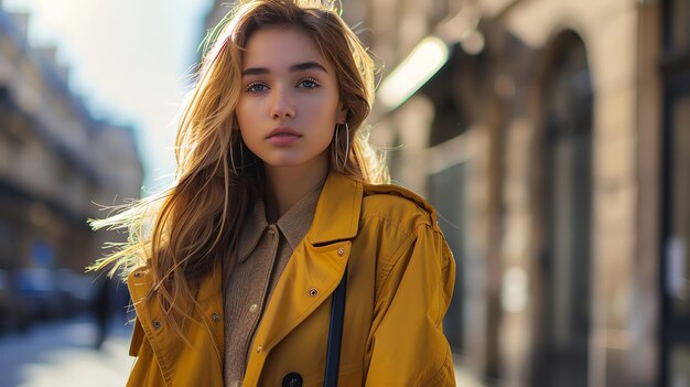 Young woman in yellow jacket poses outdoors