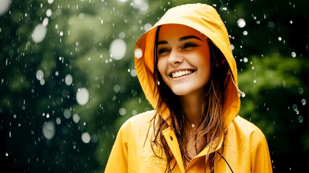 Young woman in yellow raincoat at park