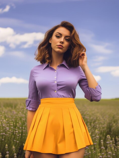 Young woman in a yellow short skirt in a lavender field