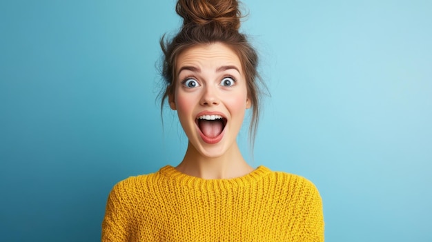 A young woman in a yellow sweater expresses excitement and surprise with a wide openmouthed smile against a blue background