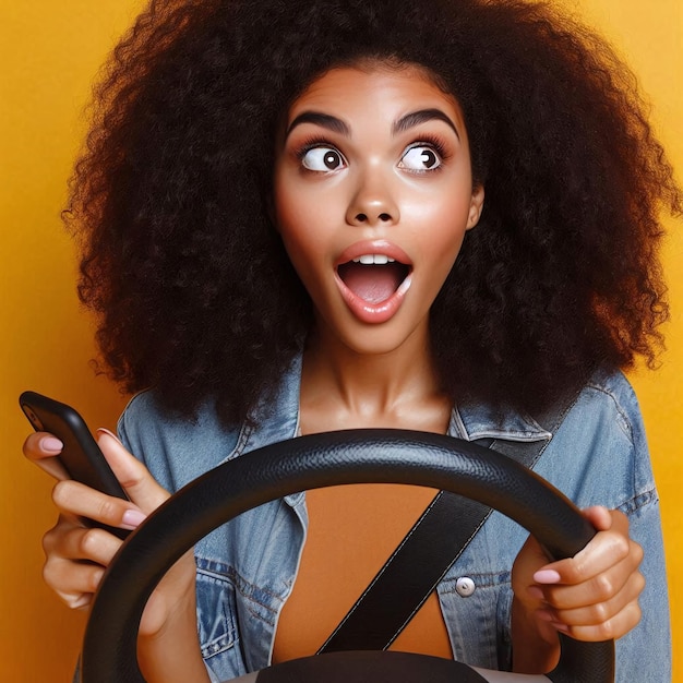 Young woman in yellow sweater shocked expression holding a steering wheel yellow background