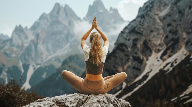 Photo the young woman yoga pose on the peak of mountain ai generativex9