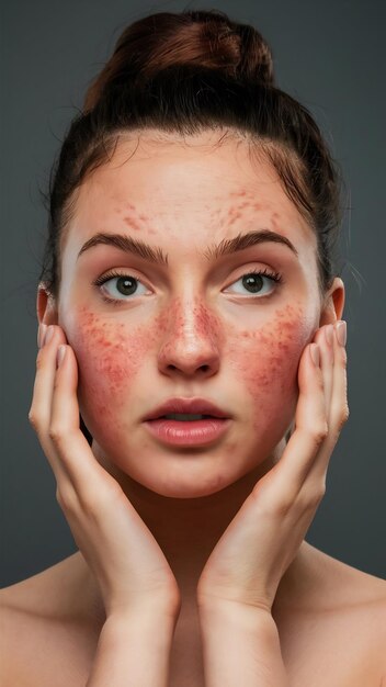 Photo a young womans face before and after acne treatment on face pimples red scars rash on cheeks