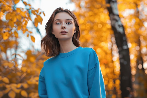 A young womans portrait sporting a fake blue crewneck sweater Generative Ai