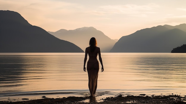 A young womans silhouette entering the sea water sunset Generative AI