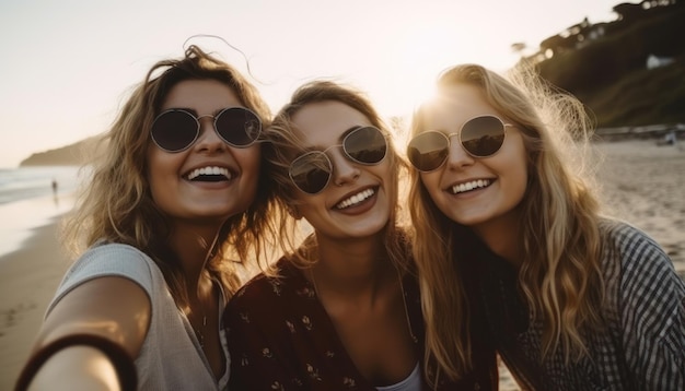 Young women on the beach taking selfie and laughing