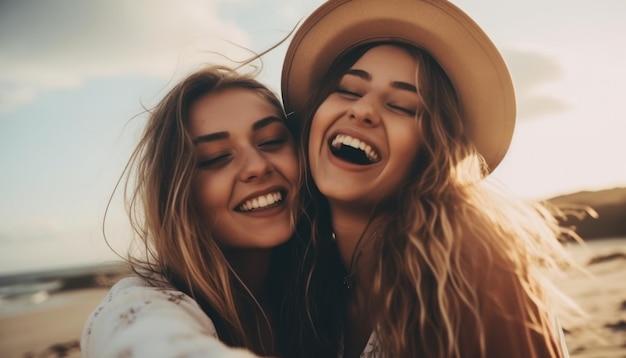 Young women on the beach taking selfie and laughing