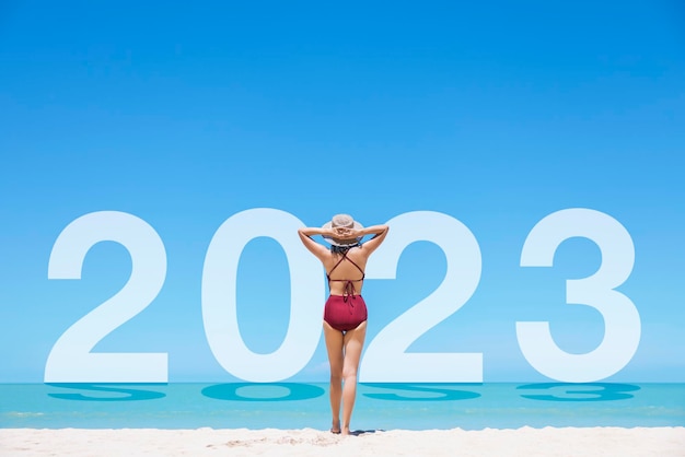 Young women in bikini and straw hat stand on tropical beach enjoying looking view of beach ocean on hot summer day Blue sea in 2023 background Khao Lak Phang Nga Thailand Summer vacation concept