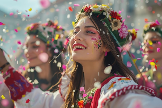 Young women celebrating German fasching Carnival at Rose Monday parade