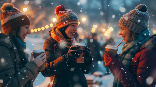 Photo young women at the christmas market drinking hot beverages laughing together on a snowy winter day