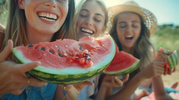 Photo young women eating watermelon